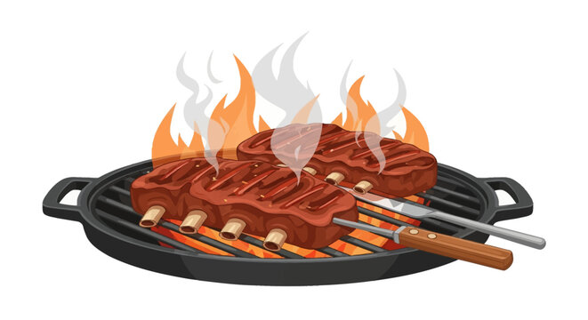 Vector illustration of two racks of marinated barbecue spare ribs cooking on a round black grill grate over open flames with smoke and tongs, isolated on white background.