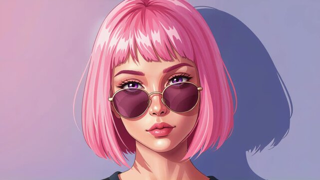 Pink Hair Portrait: A stylish portrait of a girl with vibrant pink hair, sunglasses, set against a soft, pastel backdrop. A bold statement of individuality and contemporary beauty.