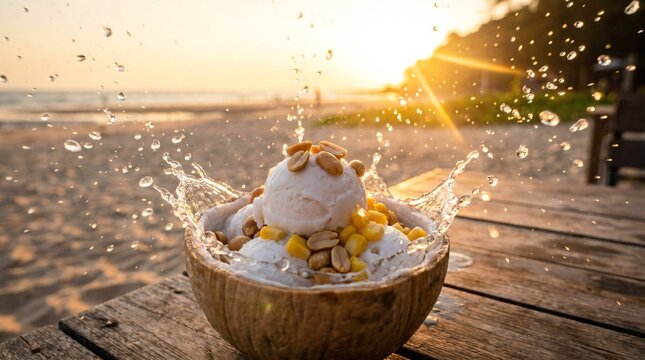 Coconut ice cream in a shell with peanuts and corn