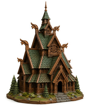 Norwegian Stave Church Nordic Folk Art 3D Clay Render Illustration