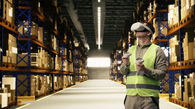 VR headset, to visualize cargo routes, professional checks tracking systems. Artificial intelligence and virtual reality optimizes cargo preparation movement for e-commerce operations.