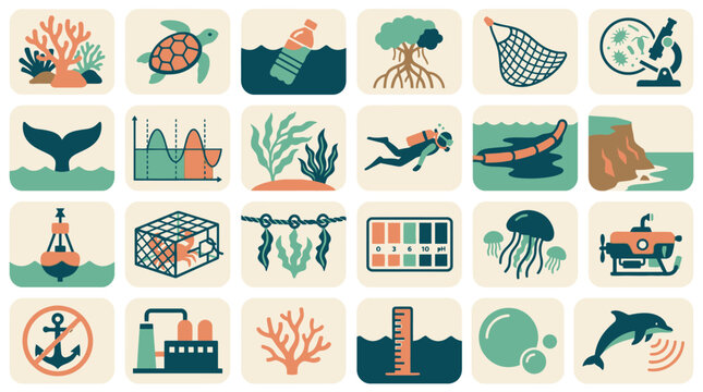 Vector Icons Set of marine science and oceanography icons featuring marine life and research equipment.