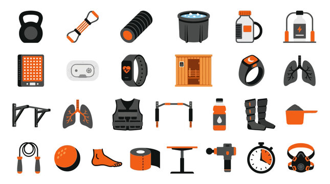Vector Icons Set of modern gym and fitness equipment icons in flat style.