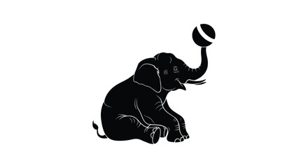 Playful elephant sitting balancing a striped ball on its trunk © hb07822552