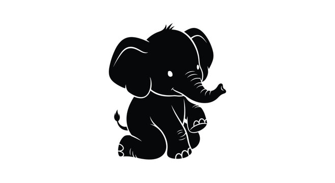 Silhouette of a cartoon-style elephant seated with one arm raised in a wave. Minimalist black design.