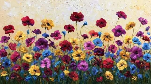 Floral field featuring vibrant poppies and multicolored blossoms with heavy impasto pigments for spring seasonal marketing