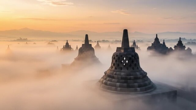 Borobudur stupas rise through ethereal fog at sunrise silhouetted against a hazy mountain backdrop