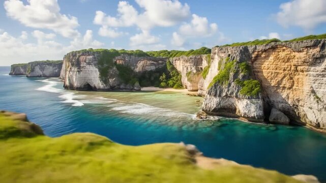 Blurred coastal scene with cliffs green vegetation and ocean waves