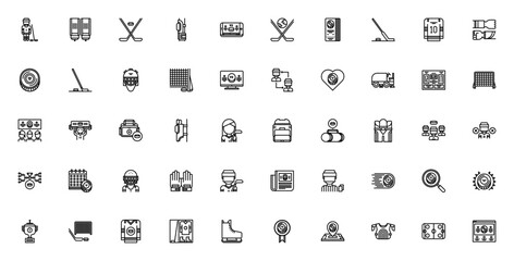 Hockey icon set. Minimalist vector pack. Ice hockey symbols featuring uniform, skates, stick, puck, helmet, goalkeeper, championship, referee, protection, scoreboard, tournament and more. © wang