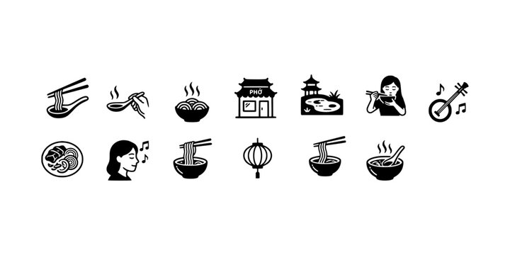 Icon set collection of Vietnamese noodle soup culture featuring pho bowls, traditional lanterns, musical instruments, and serene pagoda landscapes