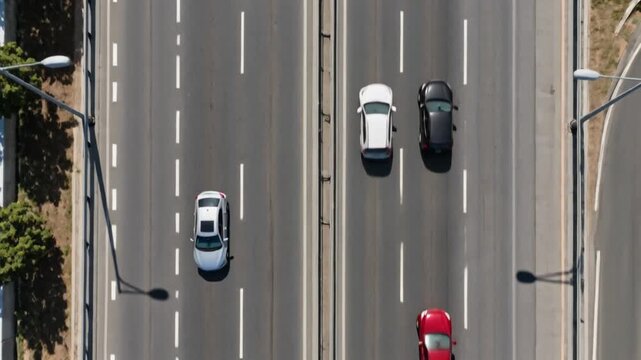 Aerial top-down view of multiple cars driving on a divided multi-lane highway in daytime, showing smooth traffic flow and clear road markings under bright natural lighting.