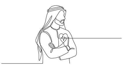 Obraz premium Continuous line drawing of an Arab man with a heart rhythm symbol.