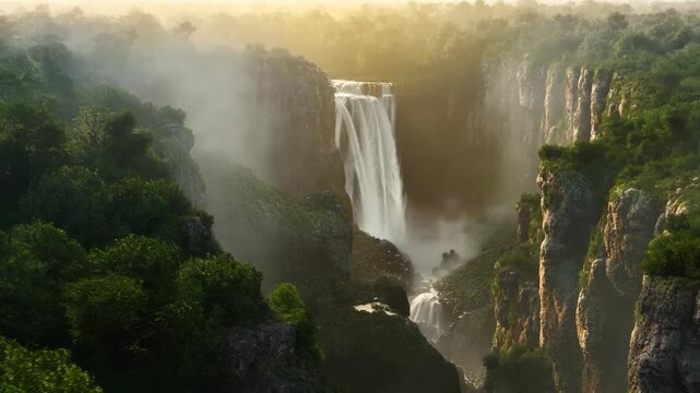 Scenic view of a majestic waterfall surrounded by lush green forest and mist.
