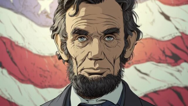 Illustration of Abraham Lincoln with American flag background symbolizing leadership and history.