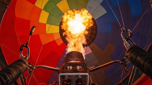 Close Up View of Propane Burner Firing Inside Colorful Hot Air Balloon
