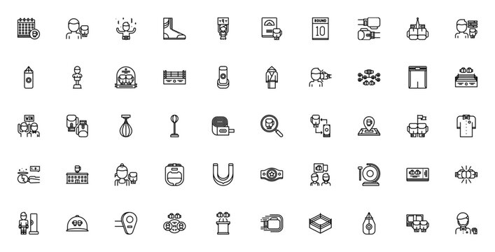 Boxing icon set. Minimalist sport vector pack. Includes symbols for calendar, boxer, gloves, punch, ring, winner, badge, gym, referee, punching bag, belt, and more. Editable stroke.