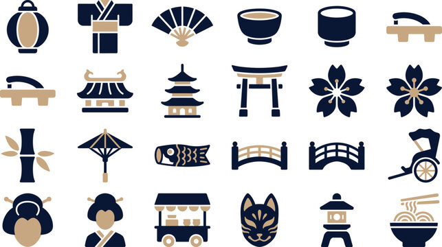 Japan icons set featuring traditional culture symbols and landmarks in a flat minimalist vector design style