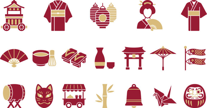 Set of flat vector icons representing traditional Japanese culture and various famous symbols of Japan