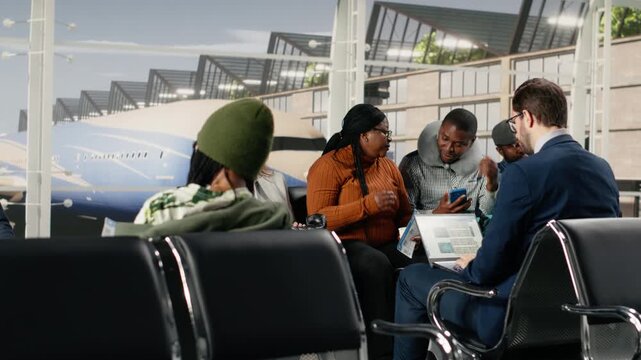 Shouting, flight delay and Angry african american man making annoyed phone calls in airport. Making complaint calls, flight cancelation and frustrated traveler upset after losing plane