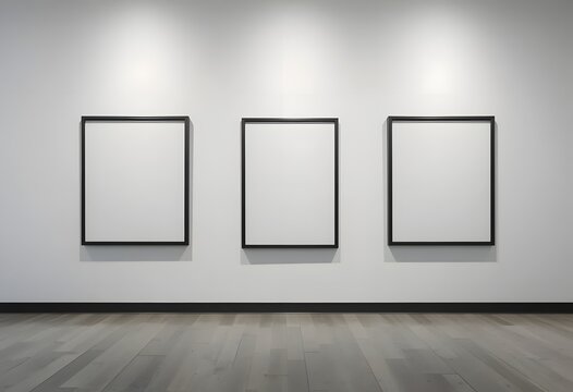 Empty framed artwork hanging on a white gallery wall with wooden floor and spotlight illumination