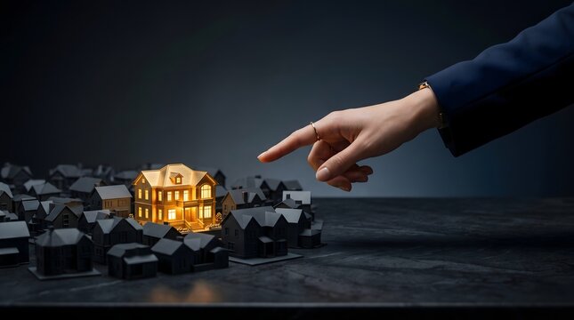 Business hand pointing at glowing golden house among dark houses representing prime real estate choice and property investment