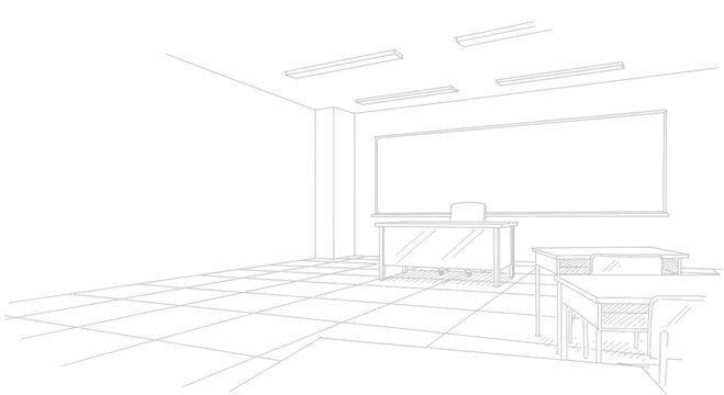 Classroom Interior Sketch with Whiteboard and Desks.