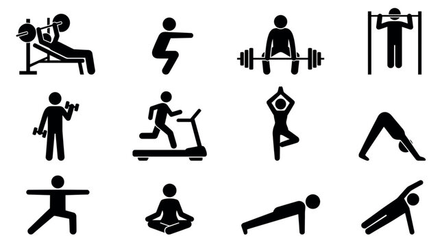 Collection of black stick figure icons performing various gym exercises including weightlifting, running on treadmill and yoga poses, illustrating workout modules and health applications