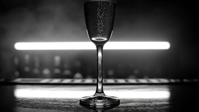 Black and white close up of champagne glass with bubbles on a wet countertop and long bar light.