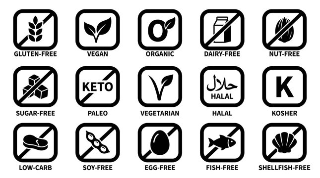 Collection of black food dietary restriction icons and allergy warning symbols isolated on white background, representing healthy eating habits and providing information for food packaging
