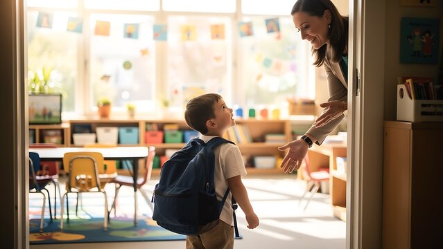 Woman teacher greeting young boy with backpack at classroom door. First day of school student arrival. Elementary education, child care and friendship concept in primary school setting.