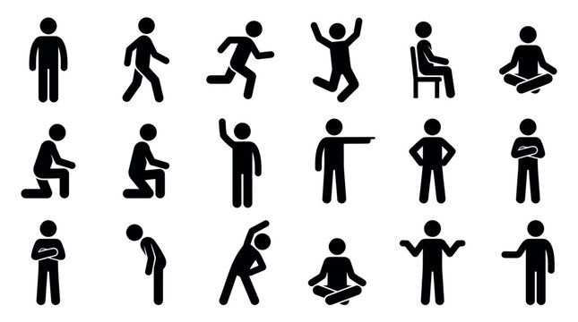 Set of black stick figure icons showing various human body poses and actions on a white background, illustrating common human movement patterns and covering instructional infographic design