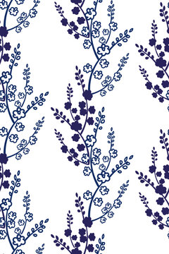 blooming branch seamless vector pattern hand drawn ink traditional oriental asian Indian design isolated