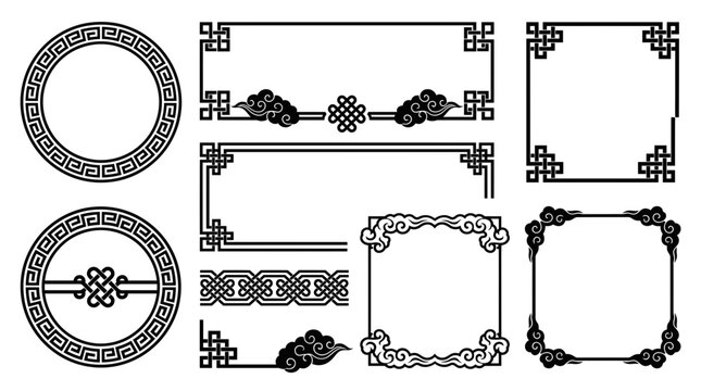 Collection of black traditional Asian border frames and oriental geometric ornaments with cloud motifs, Symbolizing lunar new year invitation or cultural branding identity