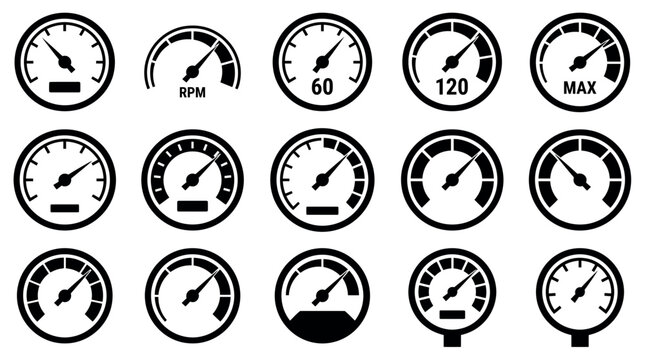 Collection of various black speedometer and tachometer icons in flat vector style on white background, Symbolizing automotive performance tracking and industrial pressure monitoring system
