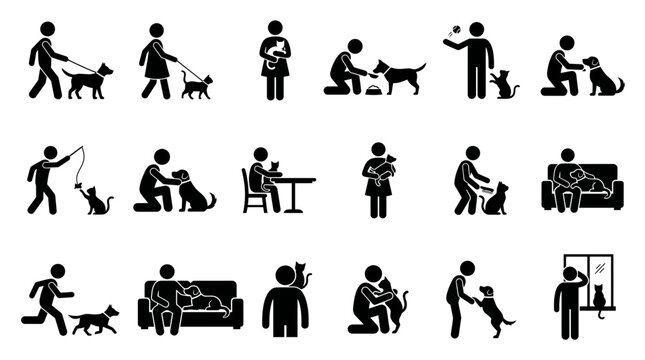 Set of black stick figure icons showing people interacting with their pet dogs and cats in various daily activities, representing animal care services illustrating the human animal bond