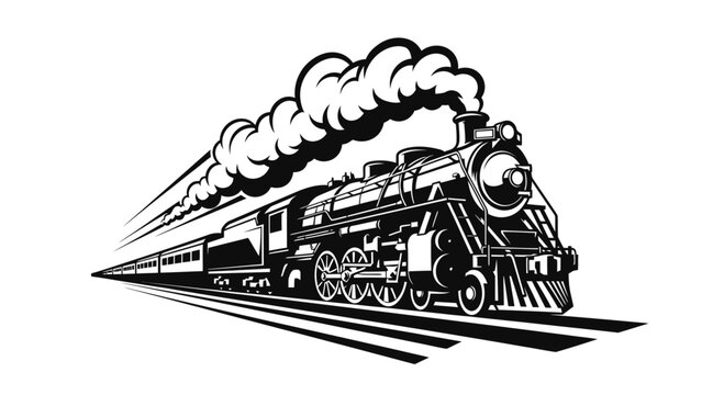 Vintage Steam Train Moving Fast on Tracks, Black and White Illustration