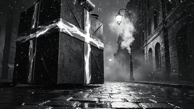 Black and white winter scene with glowing gift boxes and a vintage lamp post in a cobblestone street at night