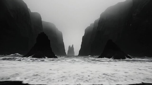 Dramatic black and white ocean scene with powerful waves crashing against rock formations and cliffs under a misty sky
