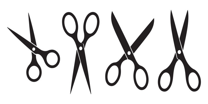 Four black scissors icons, showing various angles of open and closed cutting tools, isolated on a clean white background.