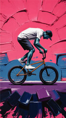 Fototapeta premium Urban BMX rider illustration in vibrant neon pink blue street art style, dynamic freestyle cycling concept for youth sports design