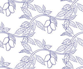 Fototapeta premium mango leaves floral seamless vector pattern hand drawn ink traditional oriental asian Indian design isolated