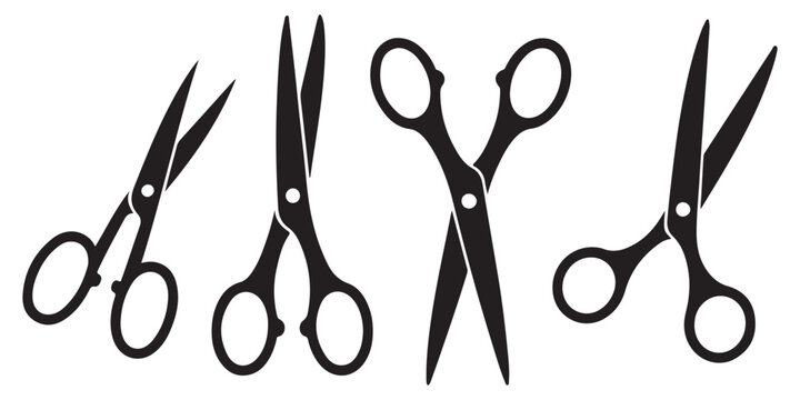 Set of four black scissor icons, illustrating different open and closed positions for cutting tools, isolated on a white background.