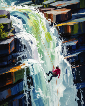 Vibrant illustration of canyoning climber abseiling down powerful waterfall on colorful rocky cliff, extreme adventure outdoor sport art