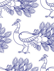 Fototapeta premium peacock feathers seamless vector pattern hand drawn ink traditional oriental asian Indian design isolated