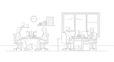 Obraz premium Modern Office Workspace with Business Professionals Working at Desks, Minimalist Line Art Illustration