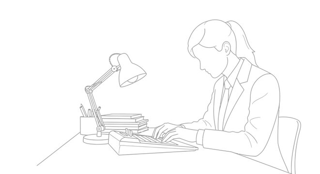 Line Art Illustration of a Professional Woman Court Reporter Using a Stenotype Machine at a Desk with Lamp and Books for Coloring Book