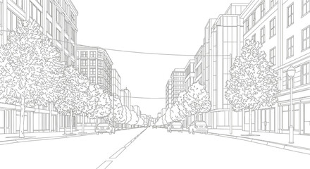 Fototapeta premium Modern City Street Line Art Illustration - Architectural Urban Landscape Sketch with Buildings, Trees, and Cars for Coloring or Design Background