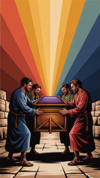 Biblical men carrying sacred ark illustration with colorful sunburst rays, ancient stone walls, dramatic Christian worship scene