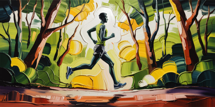 Abstract runner in colorful forest, athletic man jogging on woodland trail, vibrant brush stroke illustration of outdoor fitness