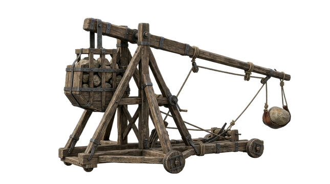 Ancient wooden trebuchet siege weapon loaded with stones, ready to launch projectiles in a historical battlefield setting, rendered in a realistic style with a muted color palette.